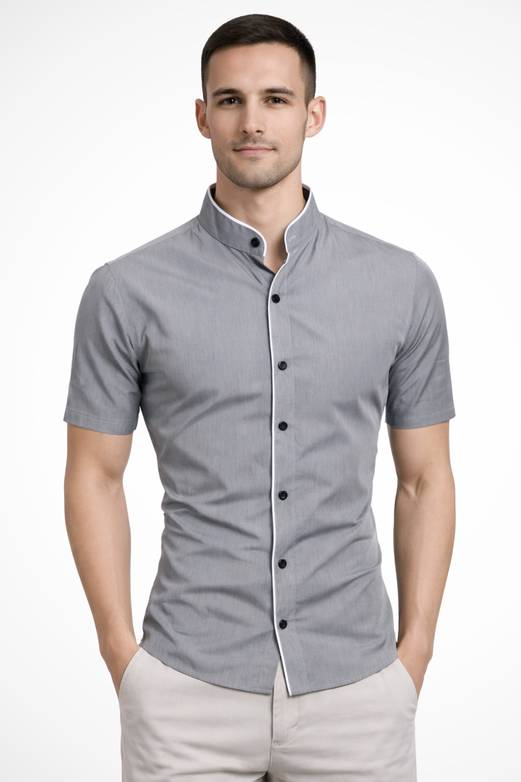 Slim Fit Short Sleeve Button-Up Shirt with Stand Collar for Men - Casual Wear, Lightweight Fabric, Versatile Style