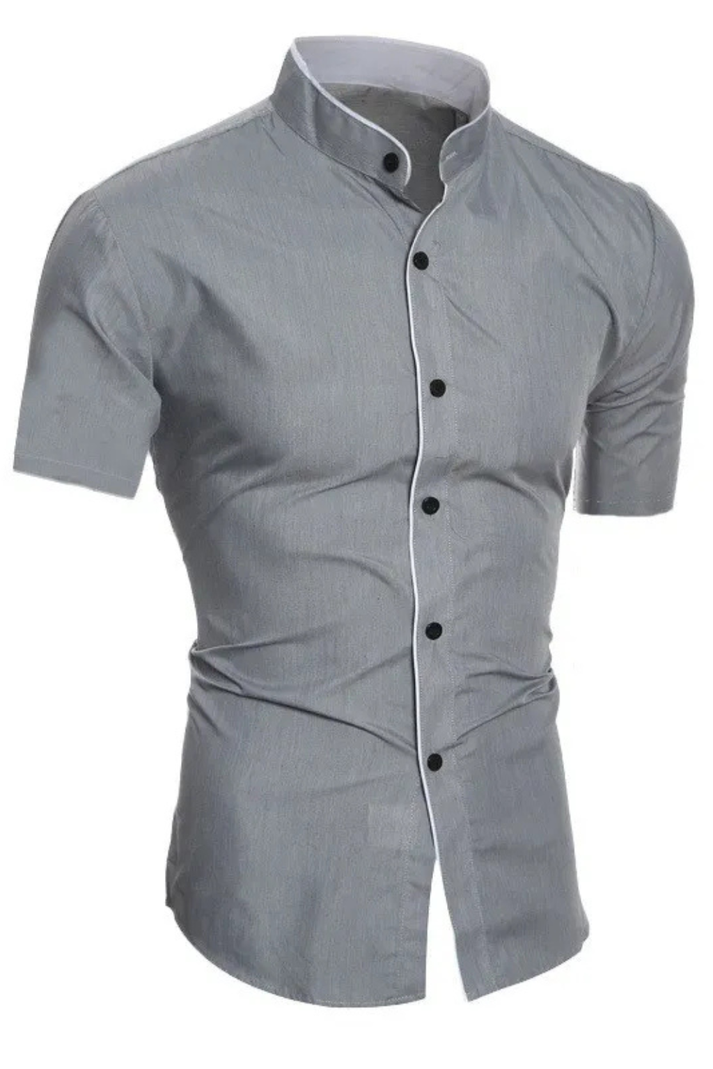 Slim Fit Short Sleeve Button-Up Shirt with Stand Collar for Men - Casual Wear, Lightweight Fabric, Versatile Style