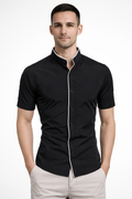 Slim Fit Short Sleeve Button-Up Shirt with Stand Collar for Men - Casual Wear, Lightweight Fabric, Versatile Style