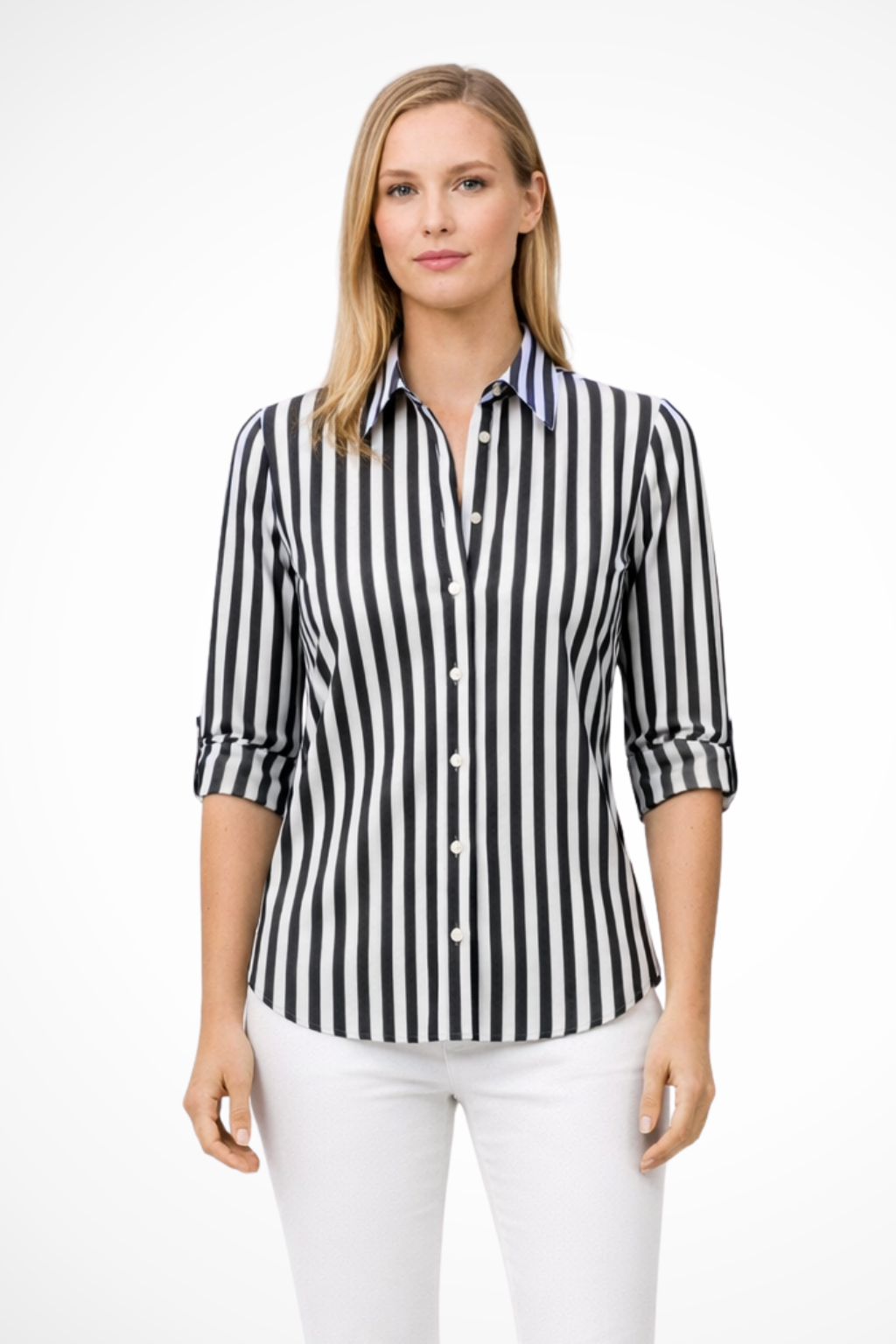 Slim Fit Striped Long Sleeve Blouse for Women - Lightweight Cotton Shirt for Casual or Office Wear