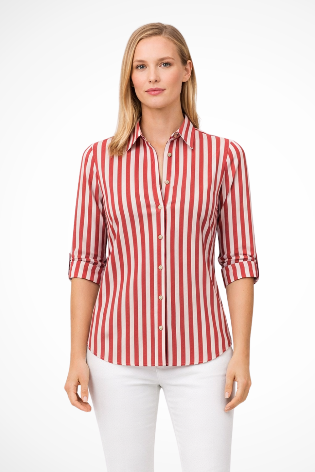 Slim Fit Striped Long Sleeve Blouse for Women - Lightweight Cotton Shirt for Casual or Office Wear