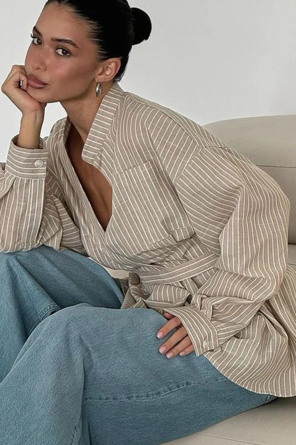 Striped Long Sleeve Shirt for Women with Stand Collar and Belted Design - Casual or Office Wear