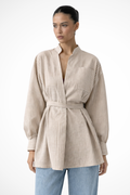 Striped Long Sleeve Shirt for Women with Stand Collar and Belted Design - Casual or Office Wear