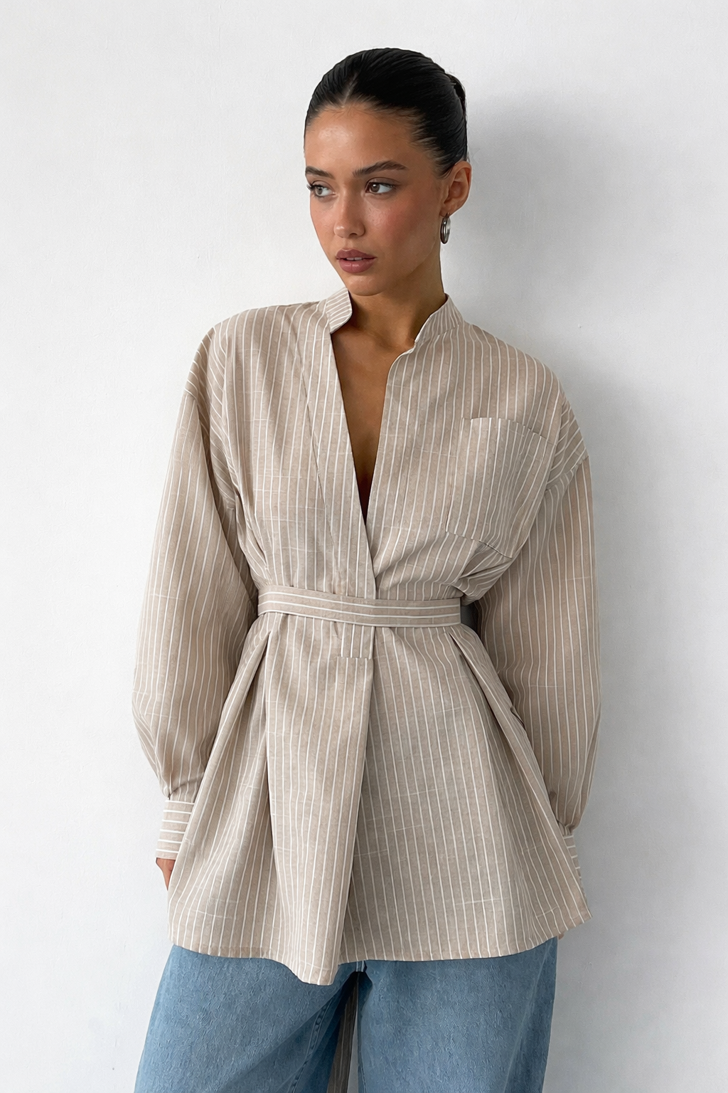 Striped Long Sleeve Shirt for Women with Stand Collar and Belted Design - Versatile Casual or Office Wear