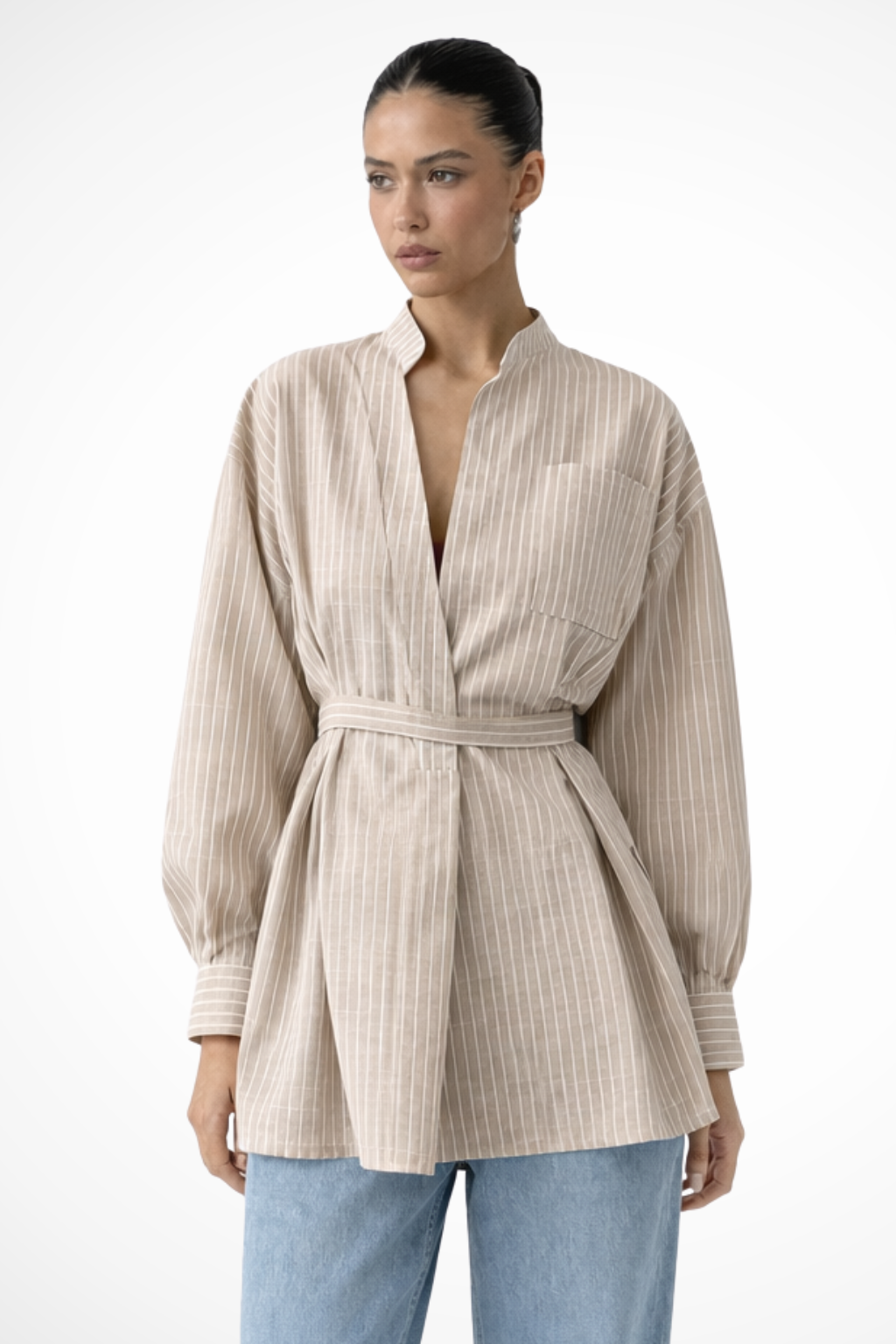 Striped Long Sleeve Shirt for Women with Stand Collar and Belted Design - Versatile Casual or Office Wear