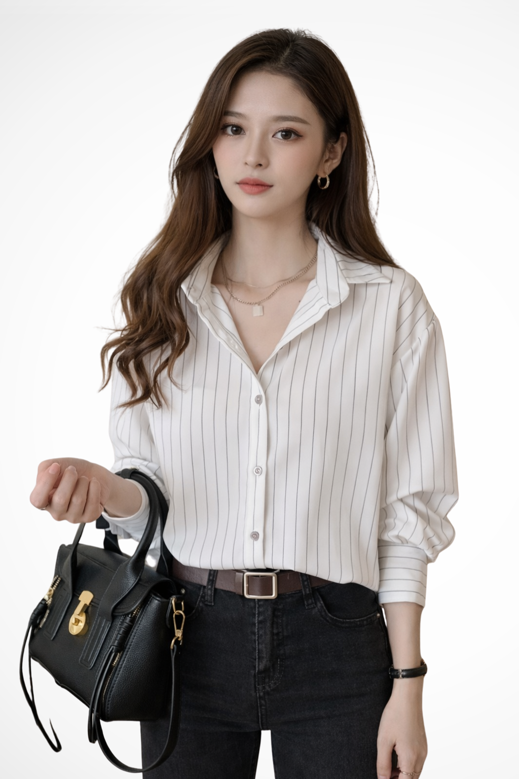 Striped Long Sleeve Women's Shirt with Turn Down Collar - Casual Wear, Lightweight Cotton Blend