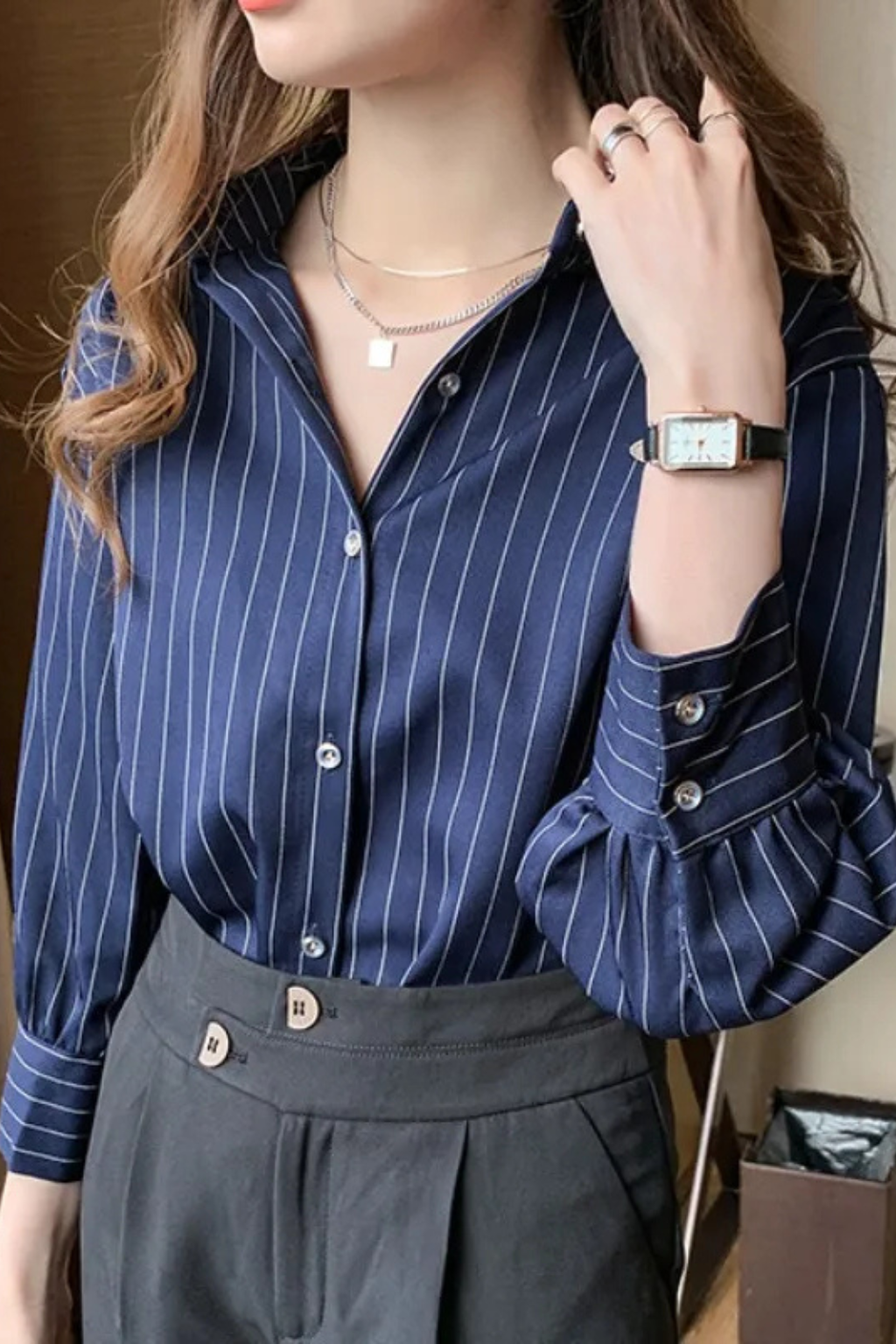Striped Long Sleeve Women's Shirt with Turn Down Collar - Casual Wear, Lightweight Cotton Blend