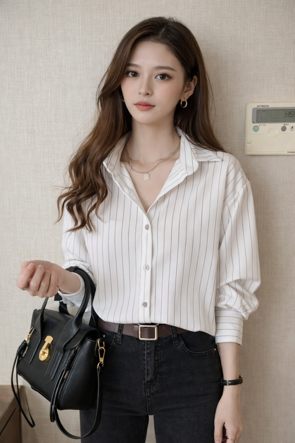 Striped Long Sleeve Women's Shirt with Turn Down Collar - Casual Wear, Lightweight Cotton Blend