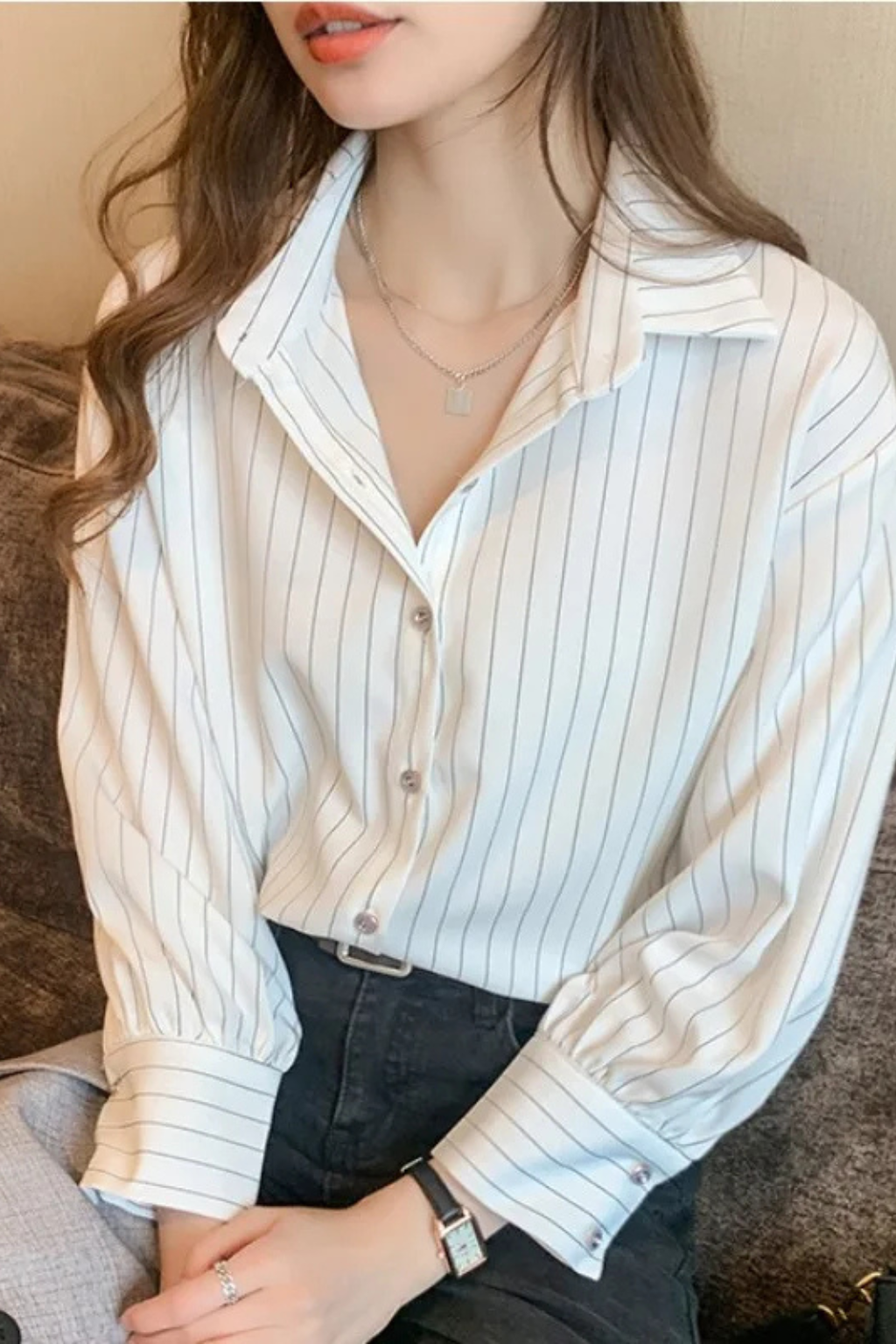 Striped Long Sleeve Women's Shirt with Turn Down Collar - Casual Wear, Lightweight Cotton Blend