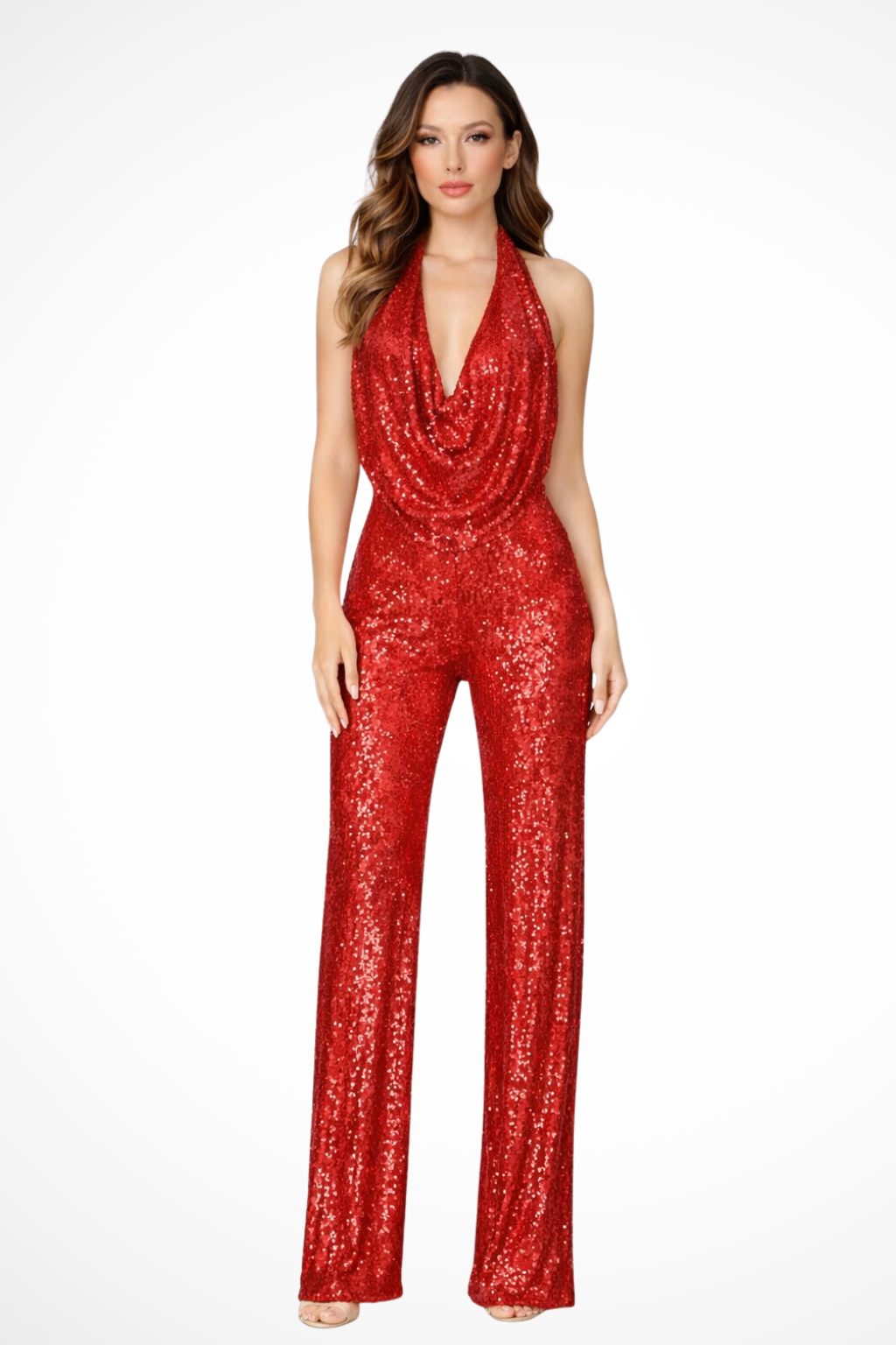 Women's Halter Neck Wide Leg Jumpsuit with Draped Front for Casual or Formal Wear