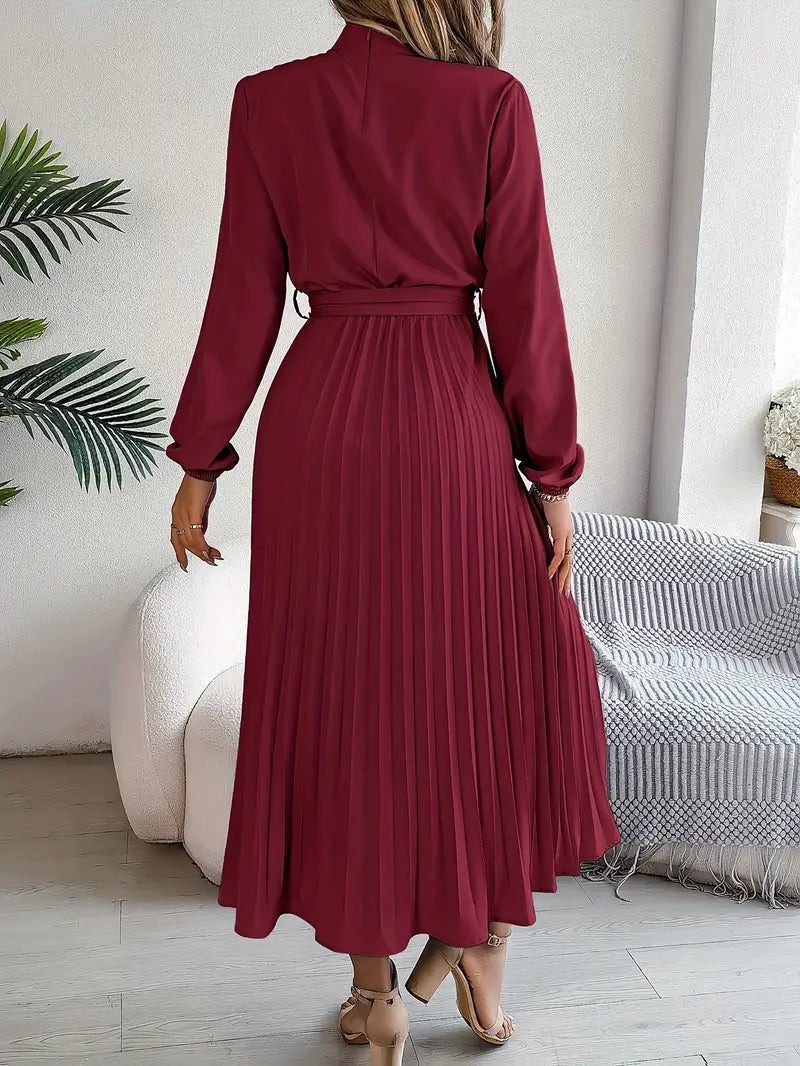 Women's Pleated Midi Dress with Belt | Long Sleeve, Elegant Design for Casual or Formal Events