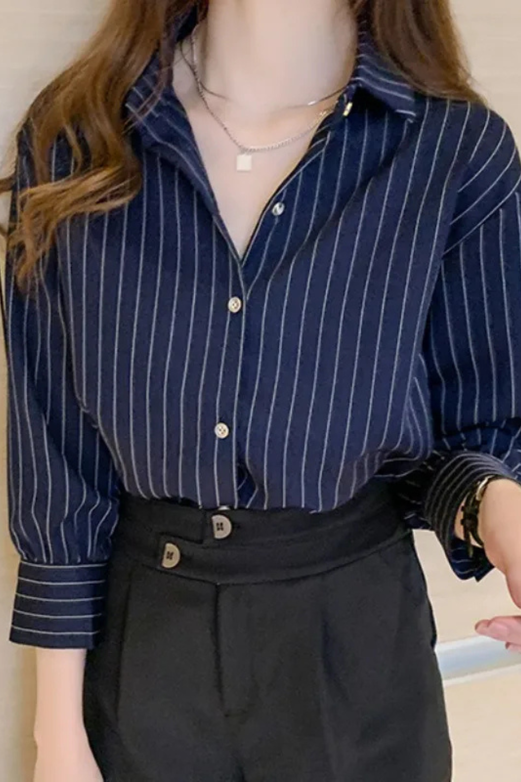 Women's Striped Long Sleeve Shirt with Turn Down Collar - Casual Cotton Blouse for Everyday Wear