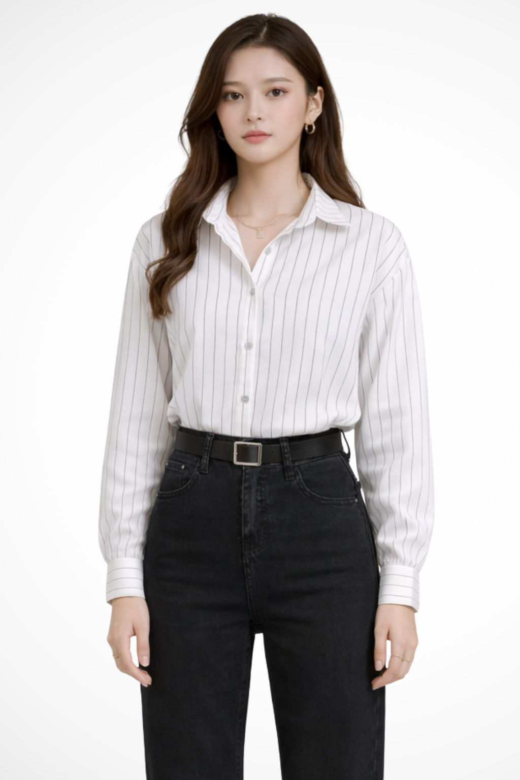 Women's Striped Long Sleeve Shirt with Turn Down Collar - Casual Cotton Blouse for Everyday Wear