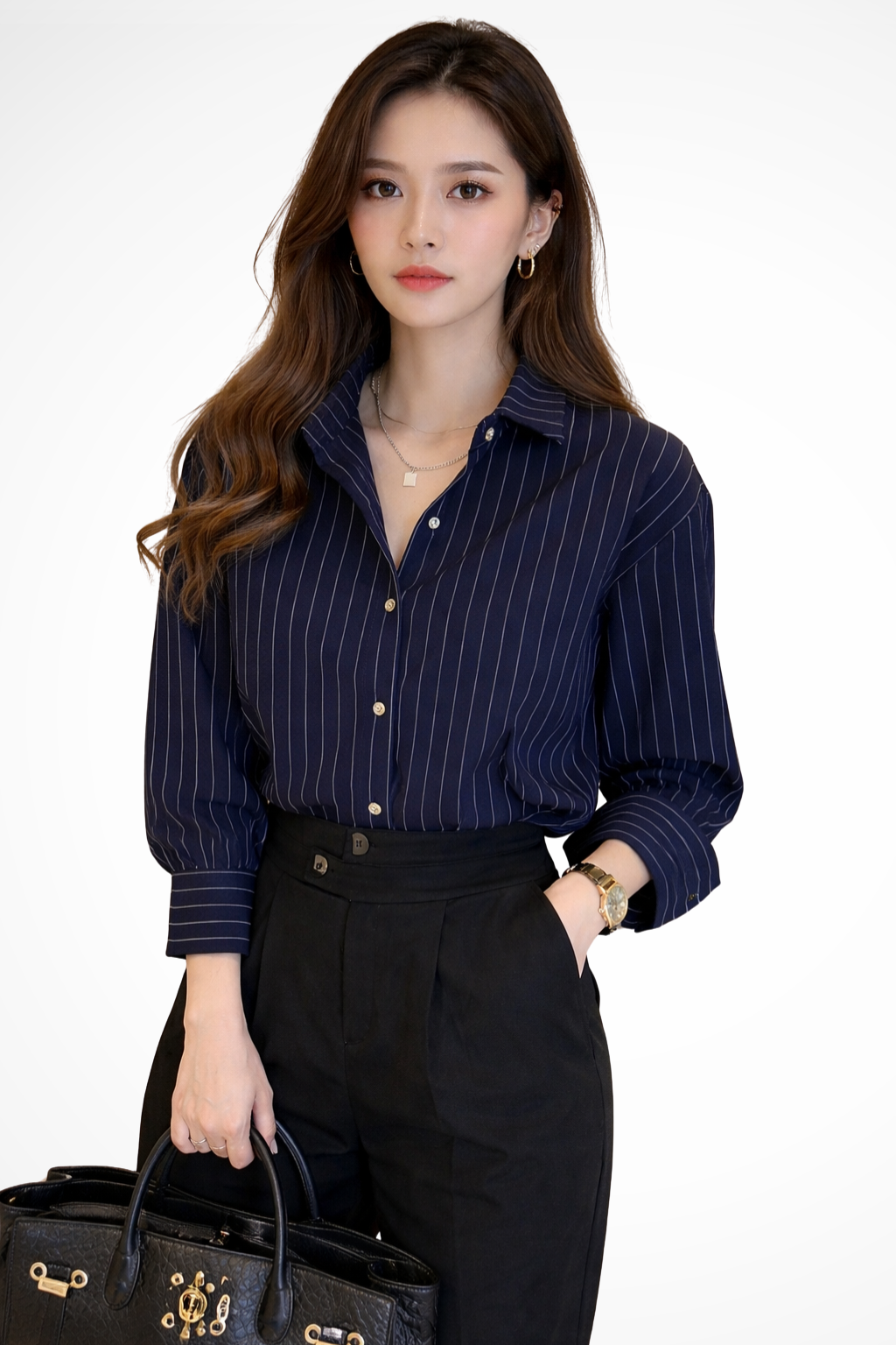 Women's Striped Long Sleeve Shirt with Turn Down Collar - Casual Cotton Blouse for Everyday Wear