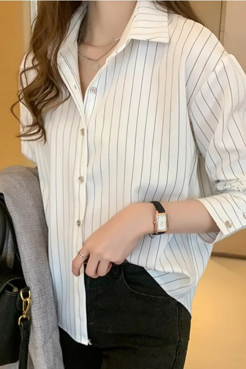 Women's Striped Long Sleeve Shirt with Turn Down Collar - Casual Cotton Blouse for Everyday Wear