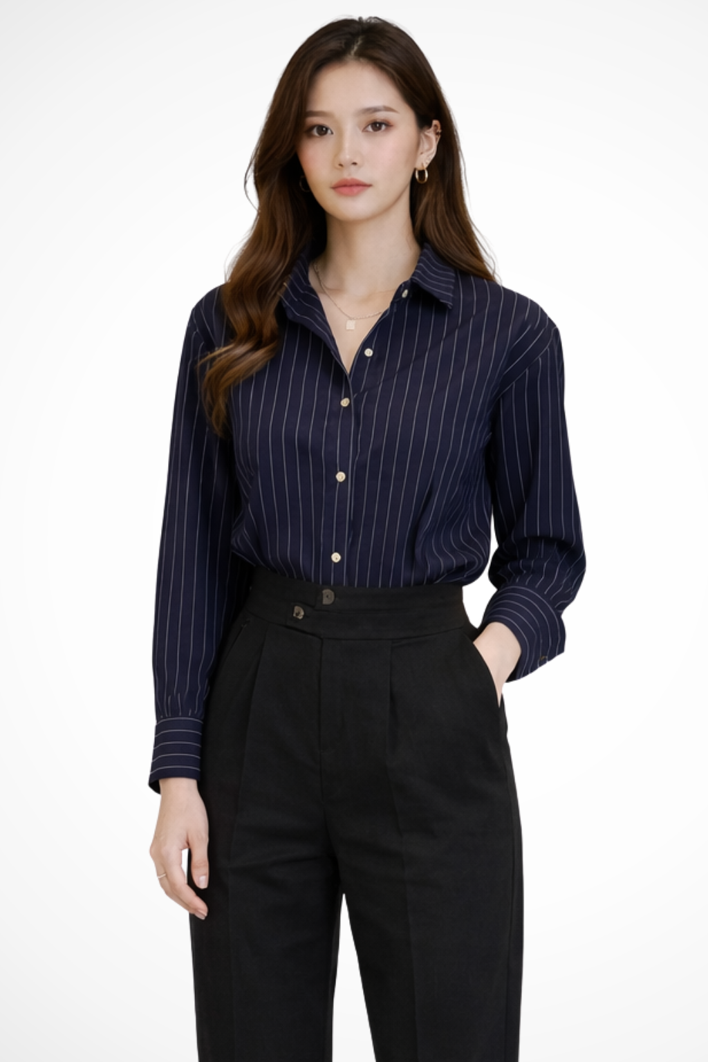 Women's Striped Long Sleeve Shirt with Turn Down Collar - Casual Cotton Blouse for Everyday Wear
