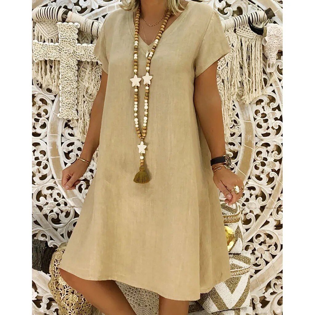 Mini Linen Dress for Women - V-Neck, Short Sleeves, Casual Wear