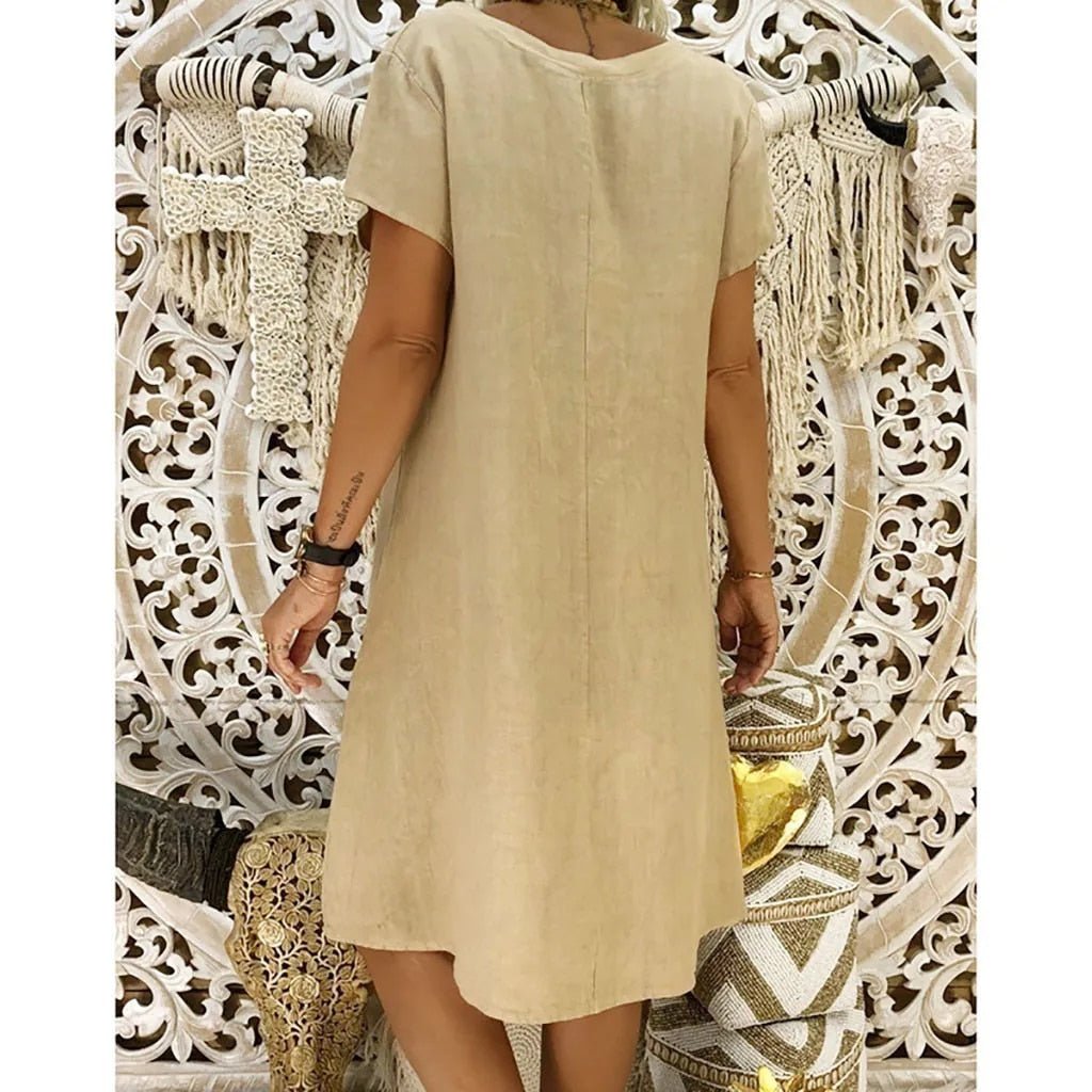 Mini Linen Dress for Women - V-Neck, Short Sleeves, Casual Wear