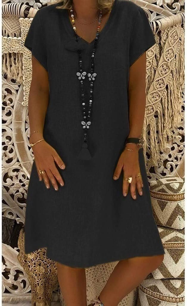Mini Linen Dress for Women - V-Neck, Short Sleeves, Casual Wear