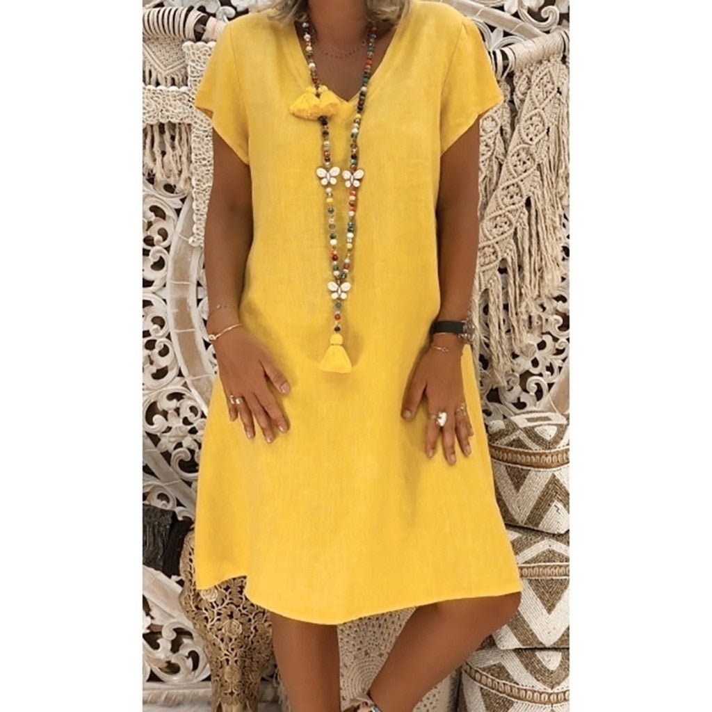 Mini Linen Dress for Women - V-Neck, Short Sleeves, Casual Wear
