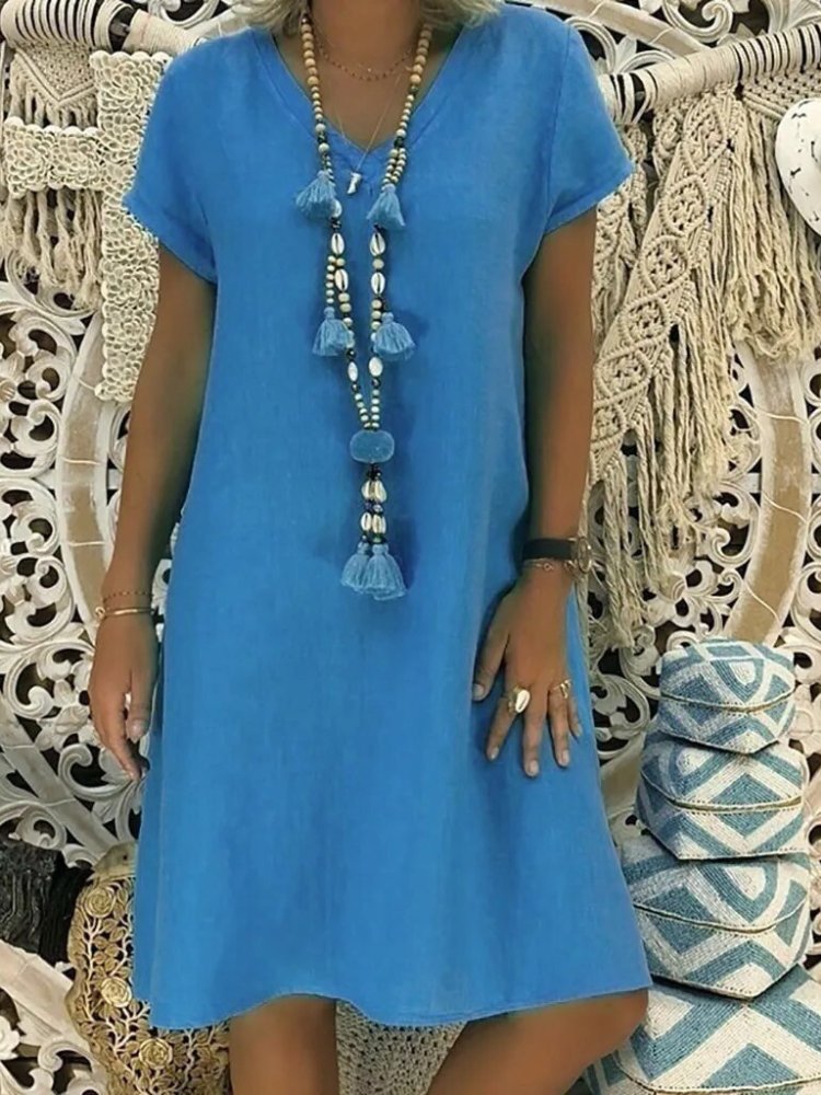 Mini Linen Dress for Women - V-Neck, Short Sleeves, Casual Wear