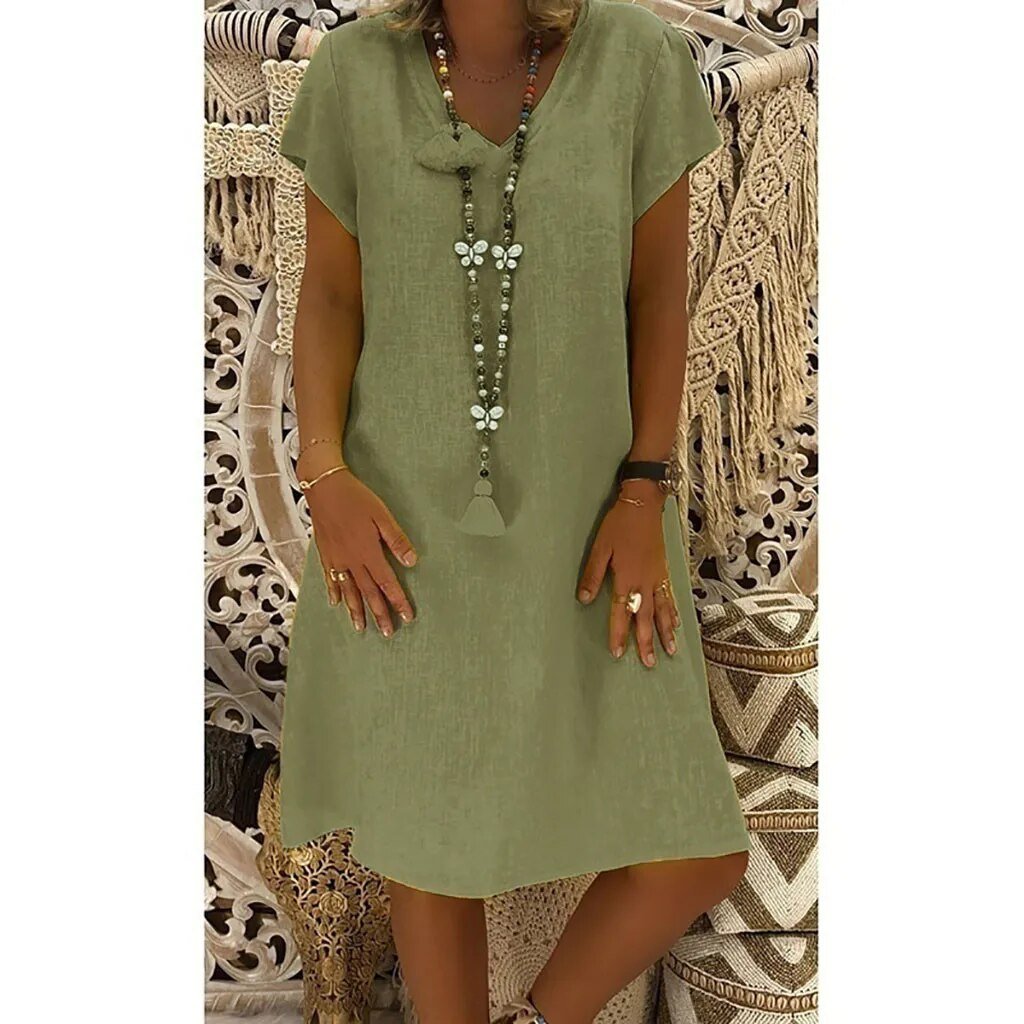 Mini Linen Dress for Women - V-Neck, Short Sleeves, Casual Wear