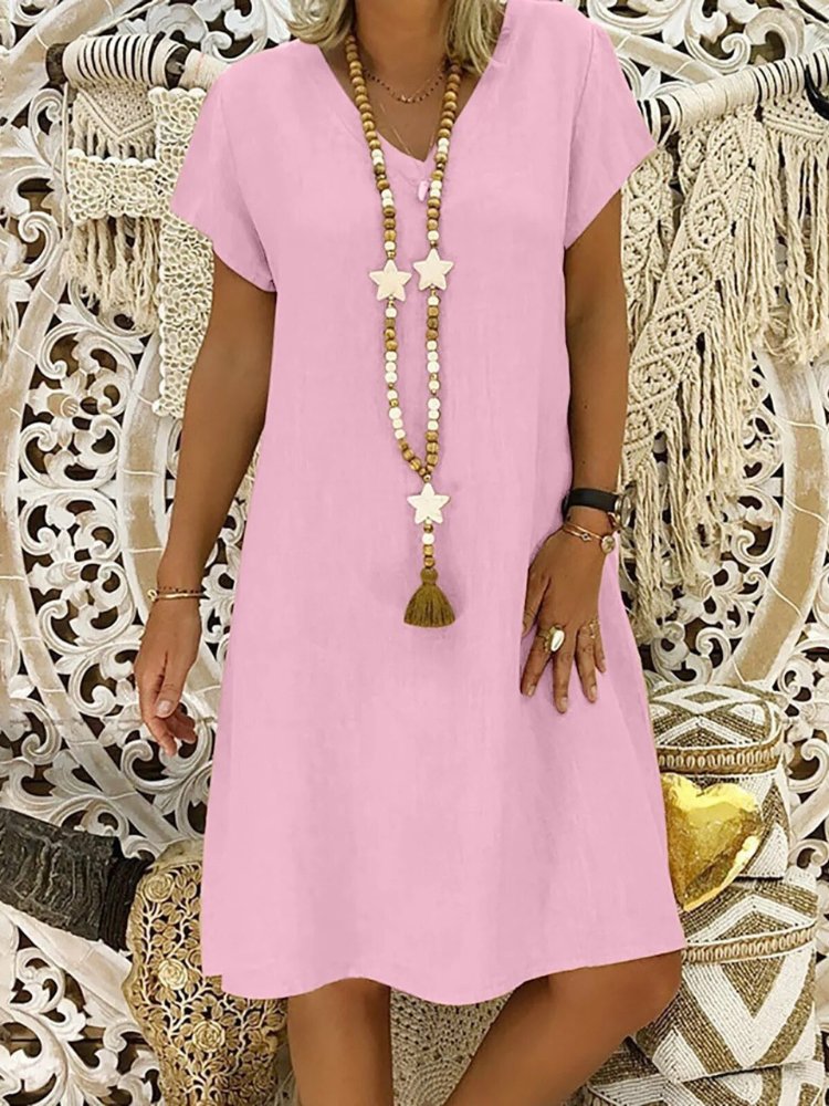 Mini Linen Dress for Women - V-Neck, Short Sleeves, Casual Wear