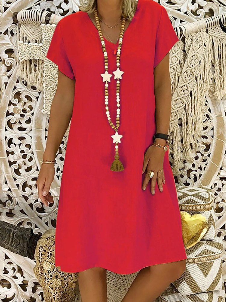 Mini Linen Dress for Women - V-Neck, Short Sleeves, Casual Wear