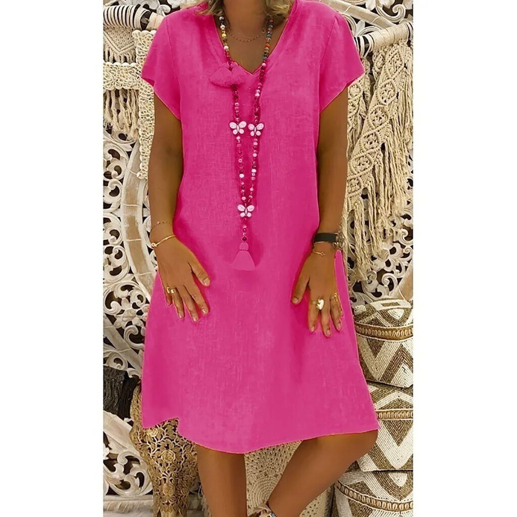 Mini Linen Dress for Women - V-Neck, Short Sleeves, Casual Wear