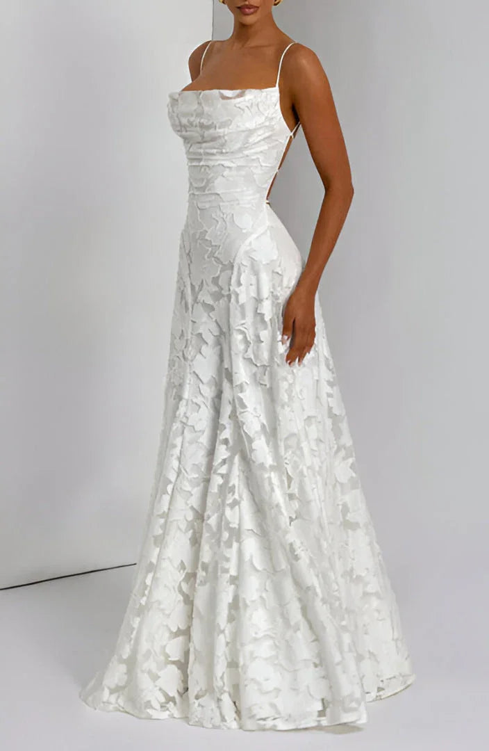 Floral Pattern Long Women's Dress with Thin Straps for Summer Events