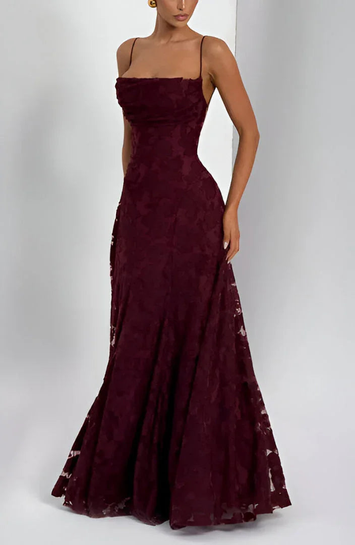 Floral Pattern Long Women's Dress with Thin Straps for Summer Events