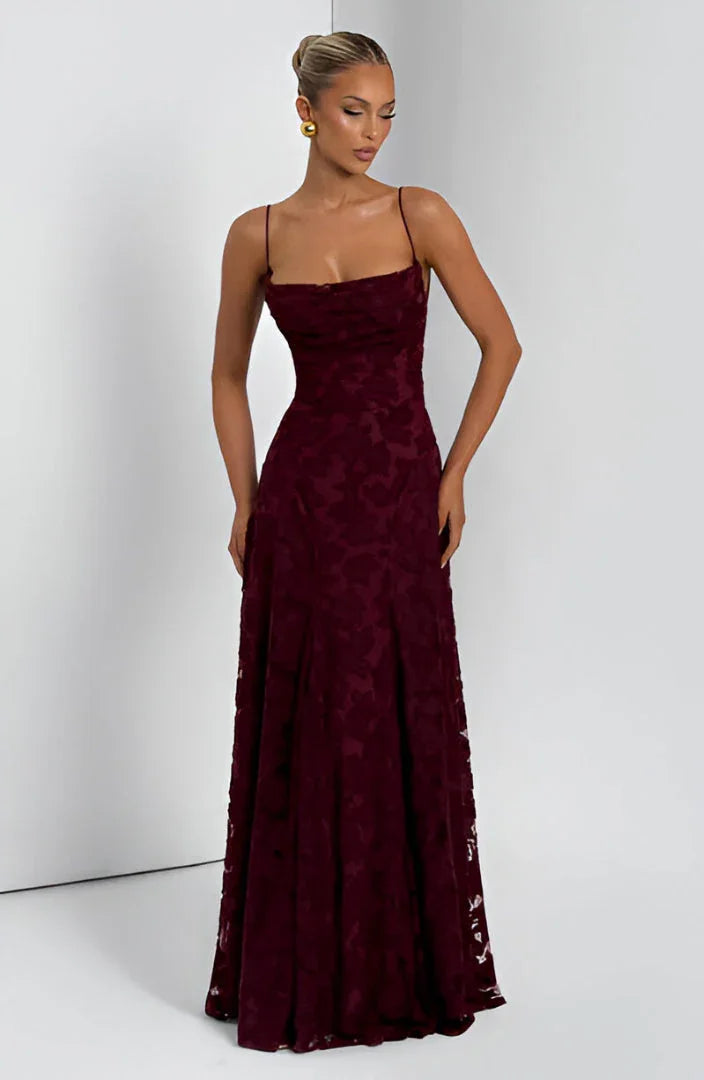 Floral Pattern Long Women's Dress with Thin Straps for Summer Events