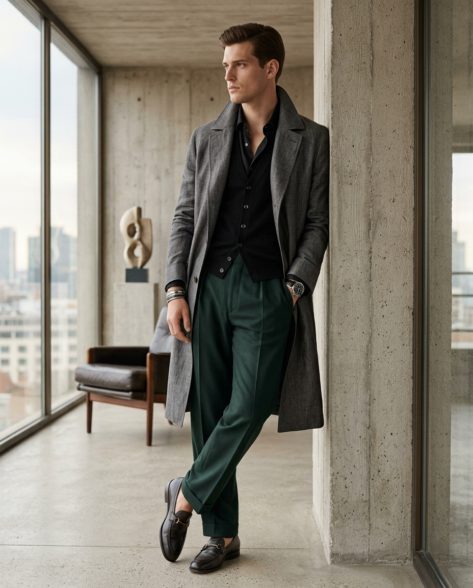 Man in a gray coat and green pants standing in a modern interior setting.