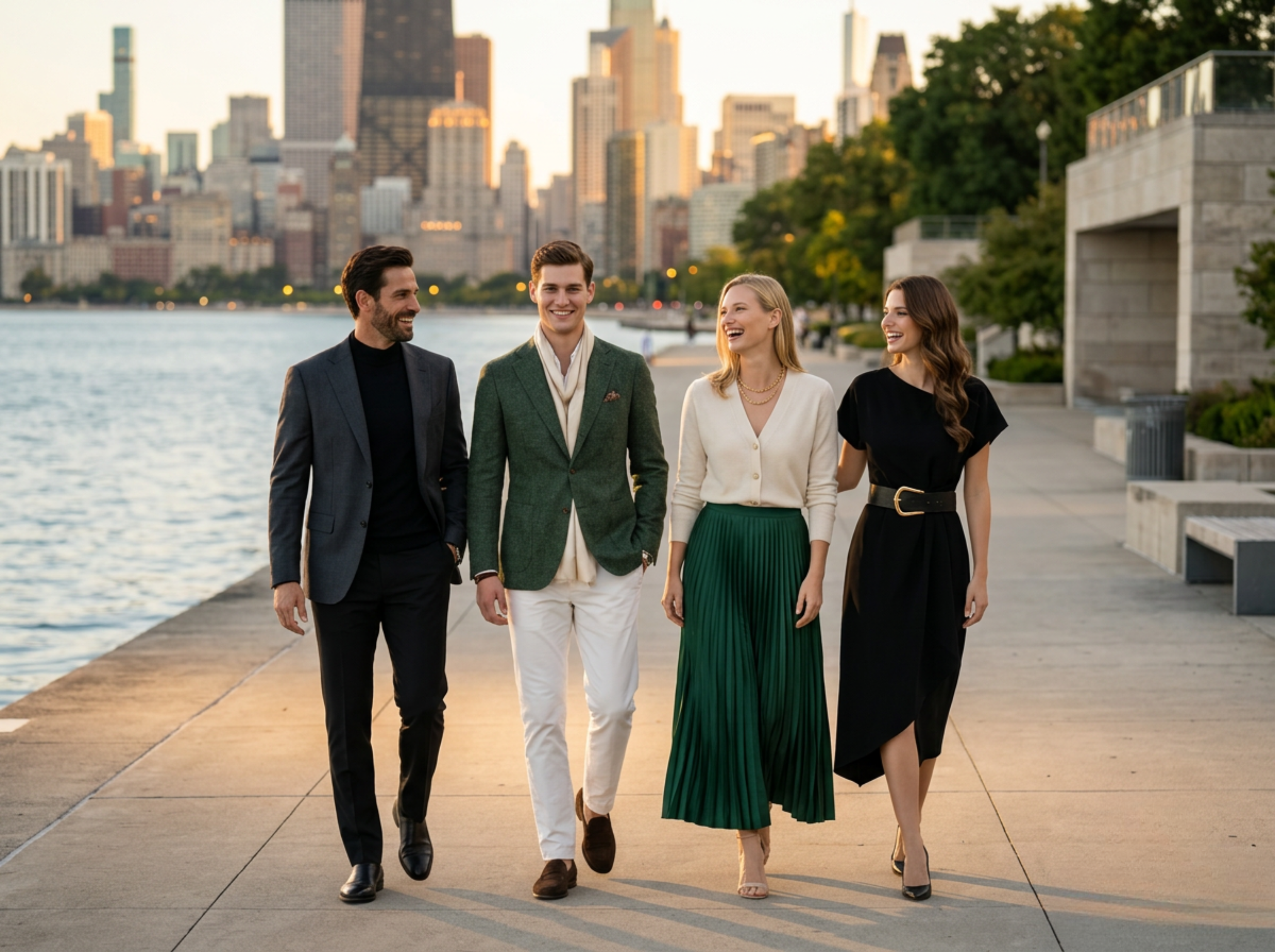 Four people walking along a waterfront promenade with a city skyline in the background.